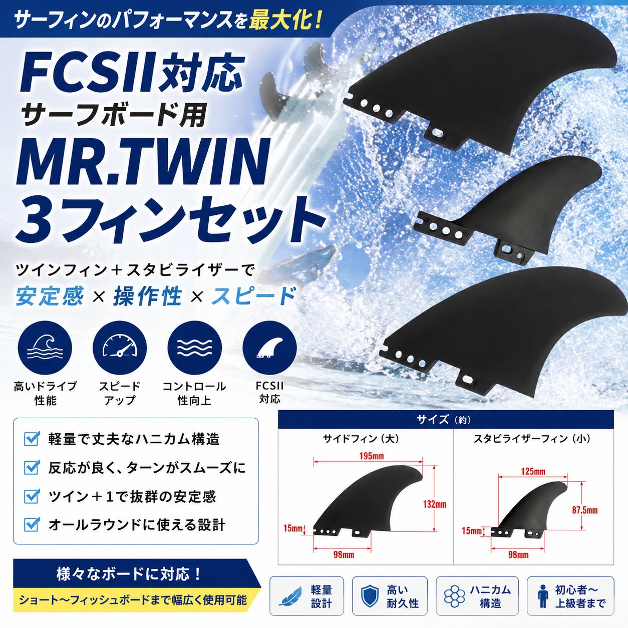 FCSII対応 MR.TWIN 5.39 3フィンセット サーフボード フィン ツイン