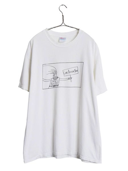 90s 両面 イラスト プリント Tシャツ メンズ XL / オールド グラフィック アート メッセージ キャラクター シングルステッチ 大きいサイズ