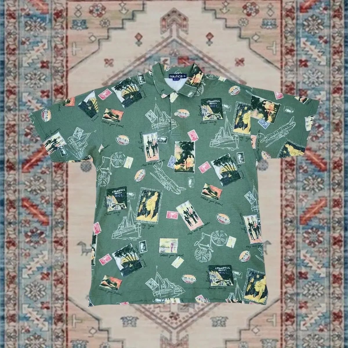 NAUTICA 90s オーシャン イラスト オーバオール プリント カラーTシャツ 3XL