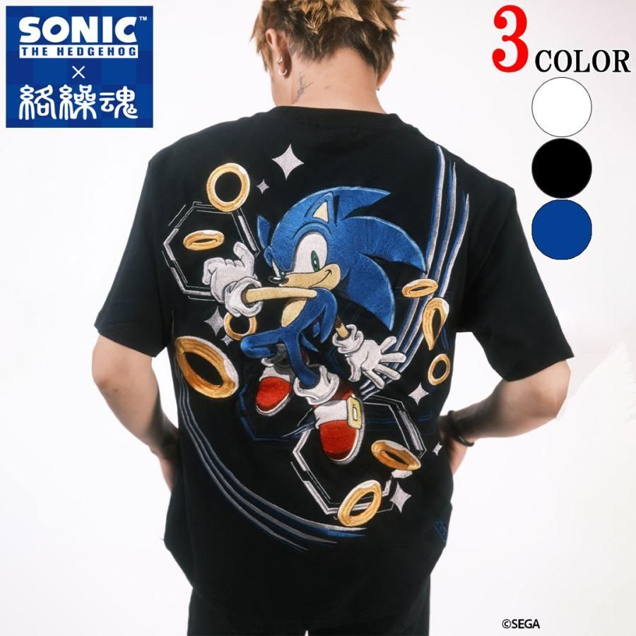 絡繰魂 × ソニック コラボ Tシャツ TEE 半袖 Lサイズ ソニック・ザ・ヘッジホッグ KARAKURI TAMASHII 262094 WHITE BLACK BLUE 刺しゅう SEGA 和柄 26SS
