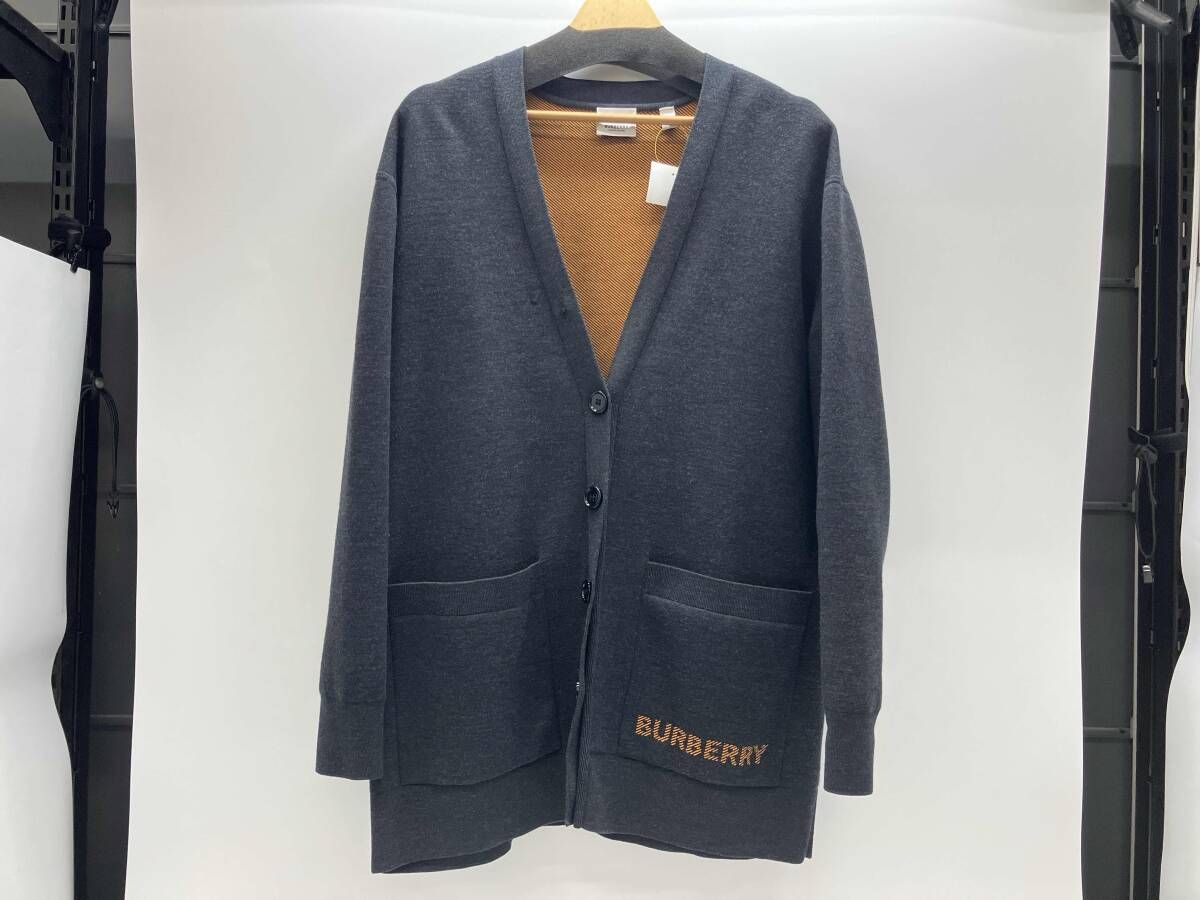 春秋冬 BURBERRY バーバリー Vネックカーディガン ウール混 ロゴ入り グレー L リペア跡あり