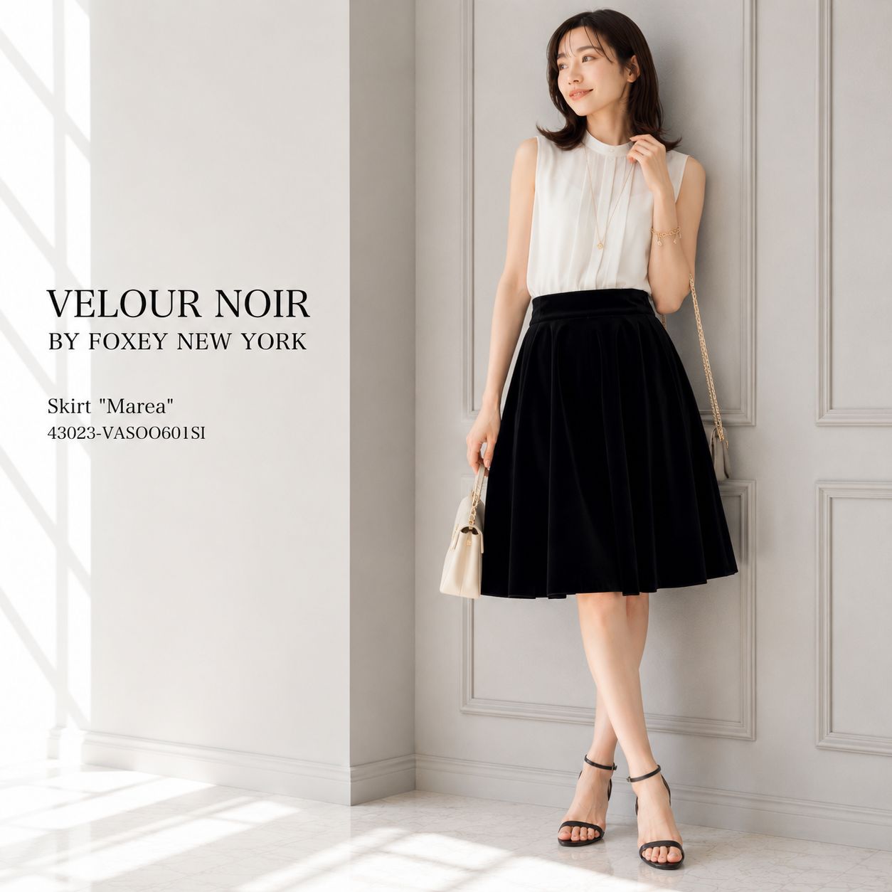 【美品 / 窮屈感を与えない 絶妙に美しいコンフォート設計】VELOUR NOIR by FOXEY NEWYORK 43023 / ベロアノワール バイ フォクシーニューヨーク スカート マレア 38「M（9号相当）◎36」 ブラック ストレッチベロア