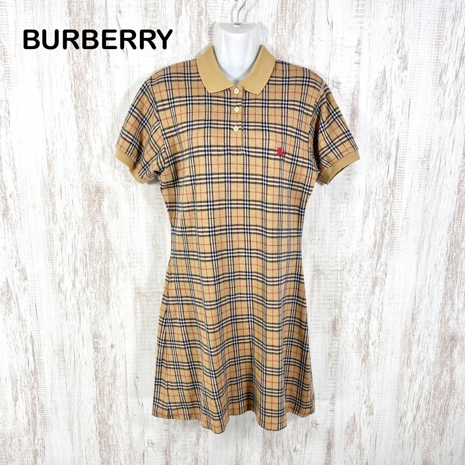 美品 希少 レア 90s Burberrys ヴィンテージ バーバリー ホースロゴ刺繍 ノバチェック コットン ストレッチ 半袖 ポロワンピース ベージュ y2k 平成ギャル 大きいサイズ