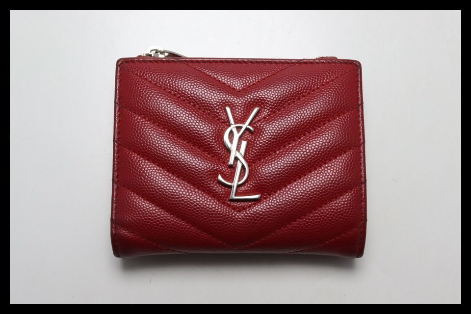 □SAINT LAURENT YSLライン Vステッチ レザー 2つ折り財布 サン