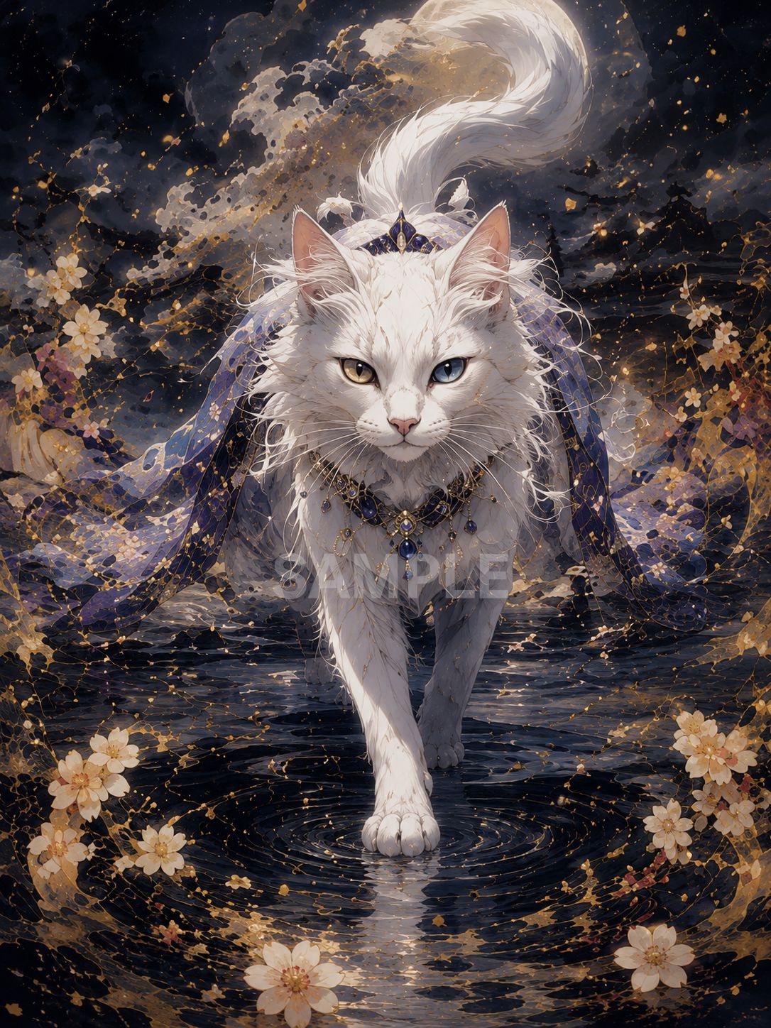 幻想的 和風 白猫アート 月夜 水面 金箔風 ファンタジー 2L - メルカリ