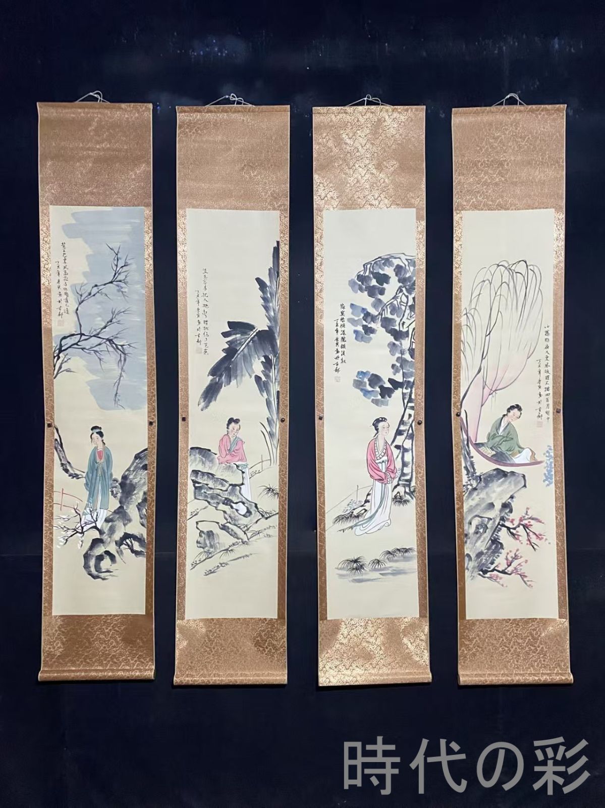 唐寅款・人物図・四条屏掛軸】中国古美術 肉筆 手描き 水墨画 宣紙