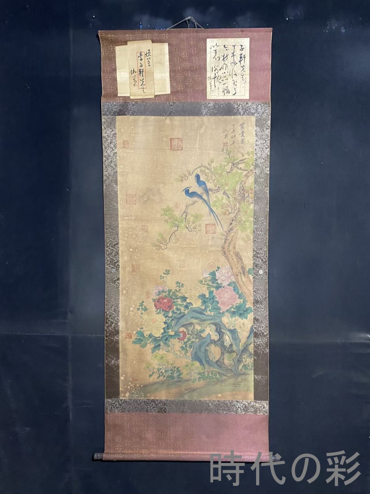 【仇英款・花鳥図・中堂掛軸】中国古美術 肉筆 手描き 花鳥画 水墨画 宣紙 掛軸 中国書画 唐物 茶掛け 書院飾り 美術品 収蔵逸品 R08062204