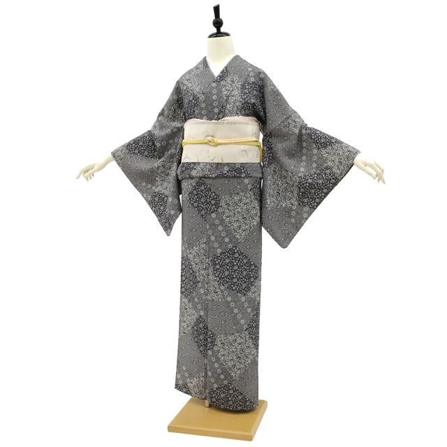 中古】 小紋 単衣 着物 リサイクル 正絹 春 秋 切りばめ風 小紋柄 菊