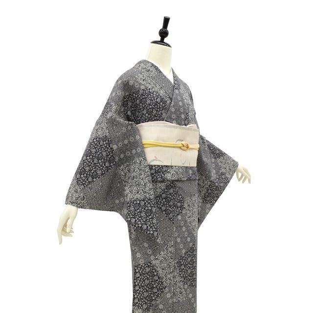 中古】 小紋 単衣 着物 リサイクル 正絹 春 秋 切りばめ風 小紋柄 菊