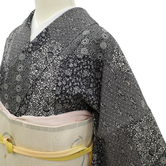 中古】 小紋 単衣 着物 リサイクル 正絹 春 秋 切りばめ風 小紋柄 菊