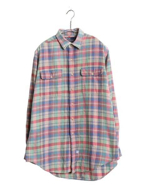90s ポロ ラルフローレン フランネル 長袖 シャツ メンズ M オールド チェック コットン ネルシャツ ポケット付き カジュアル マルチカラー