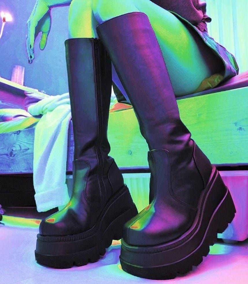 【予約商品】DEMONIA デモニア　SHAKER-100 BLACK VEGAN LEATHER 厚底ゴシックロングブーツ パンク オルタナティヴ