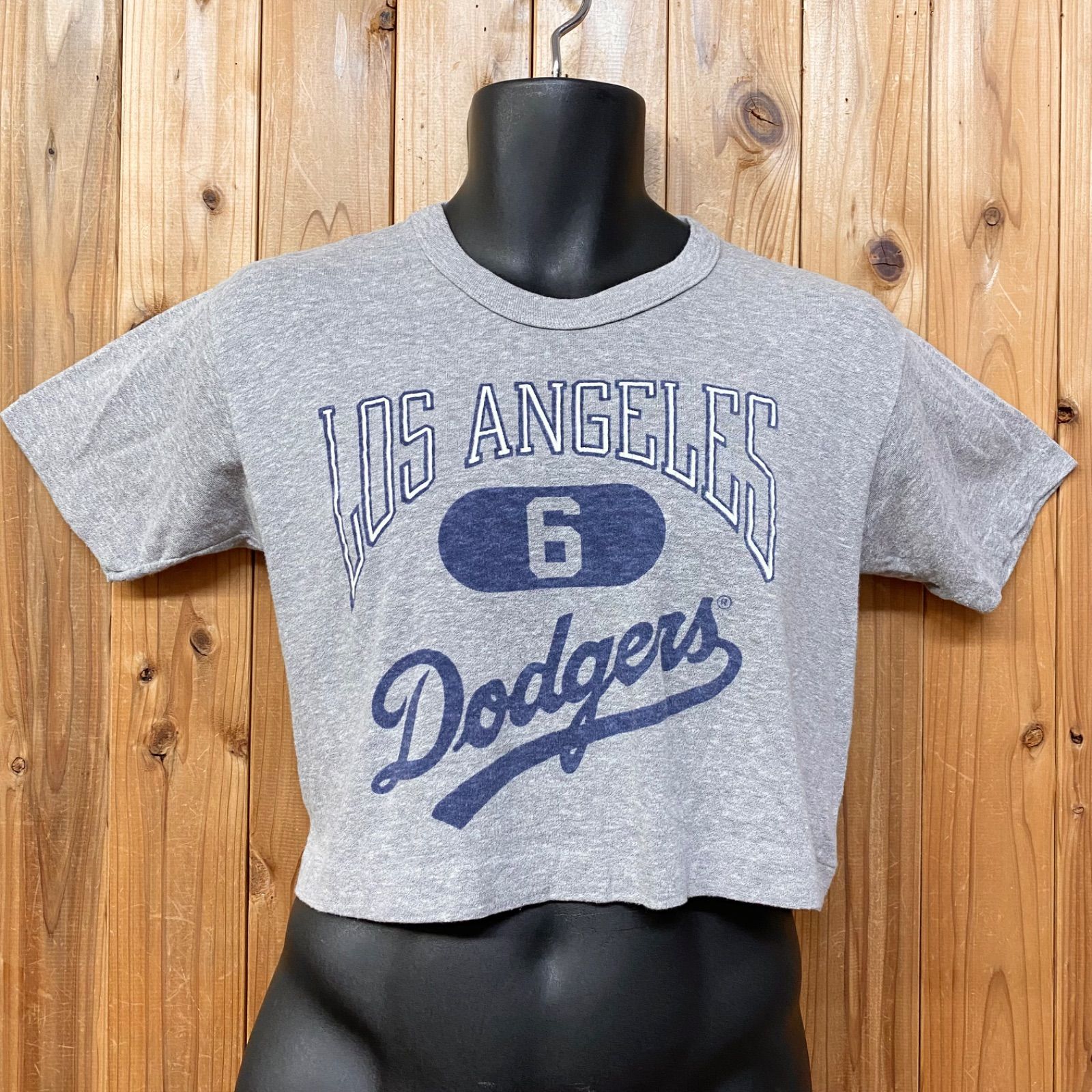 極美品 《ヴィンテージ 80s ★トリコタグ★》 USA製 アメリカ製 champion チャンピオン クロップド 半袖 Tシャツ グレー フロントデザイン ビッグプリント 薄地 クルーネック メンズ M