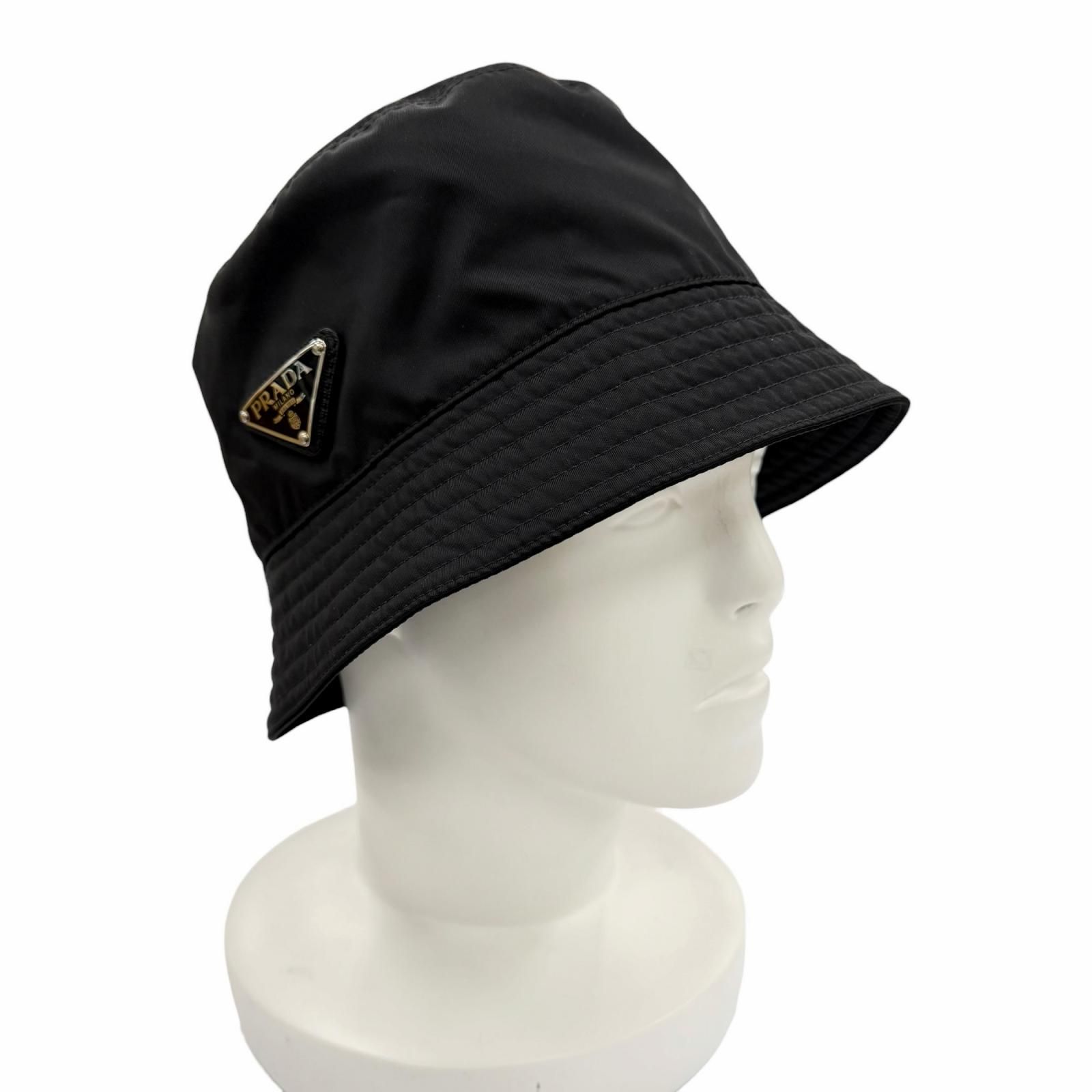 極美品◇PRADA プラダ 1HC137 RE-NYLON レザー使い トライアングルロゴプレート バケットハット ブラック L 伊製 正規品 レディース 袋付
