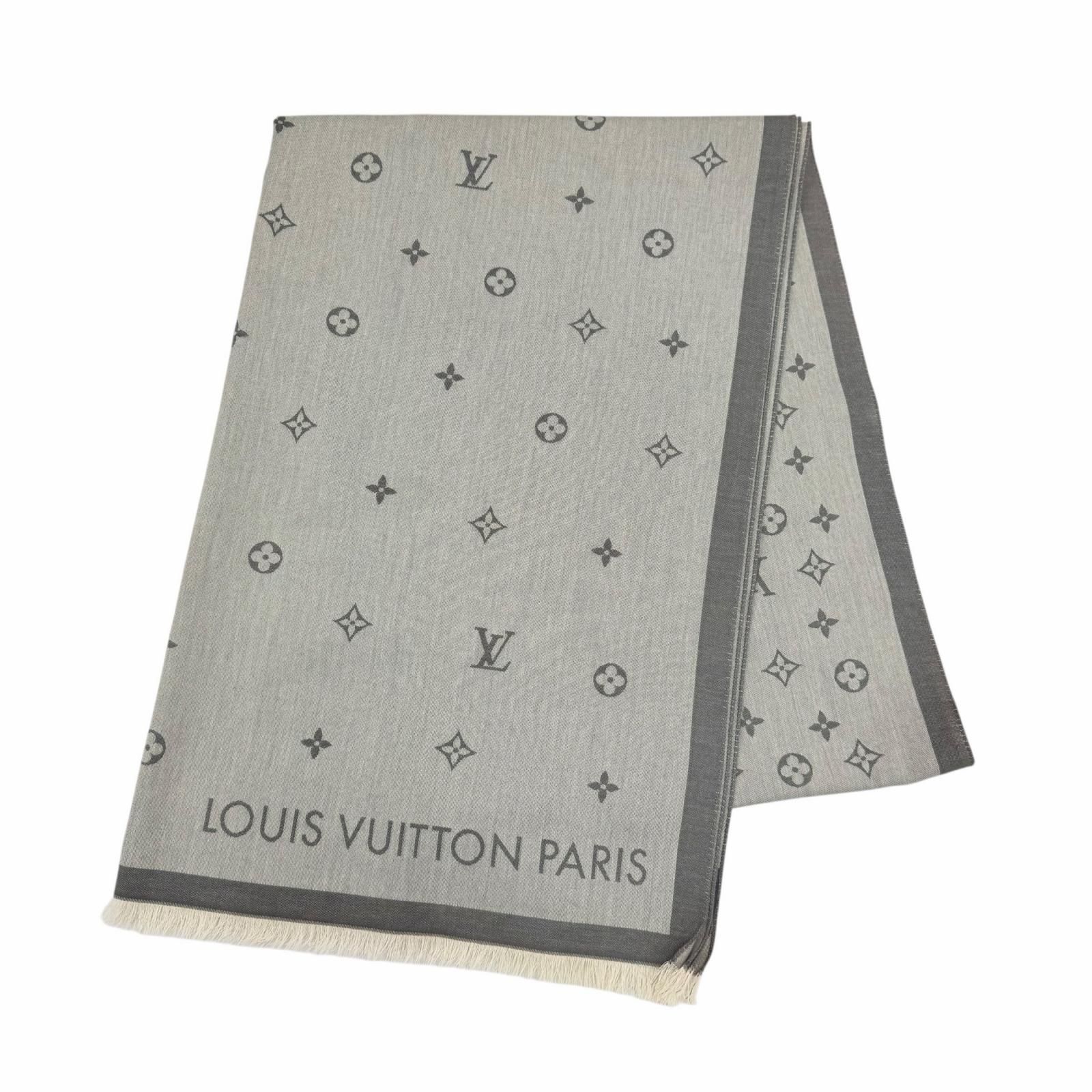 美品◇LOUIS VUITTON ルイヴィトン 2024年製 M79737 オール アバウト モノグラム コットン100％ フリンジ ストール グレー 伊製 正規品