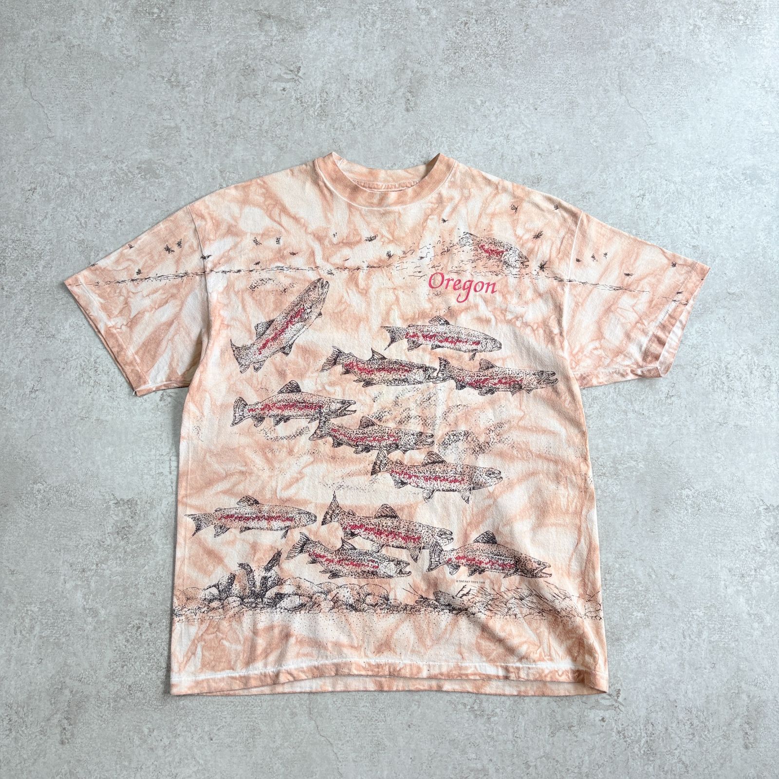 90s USA製 SNEAKY TEES Trout Over Dyed T-shirt トラウト 総柄 オーバーダイ Tシャツ TEE