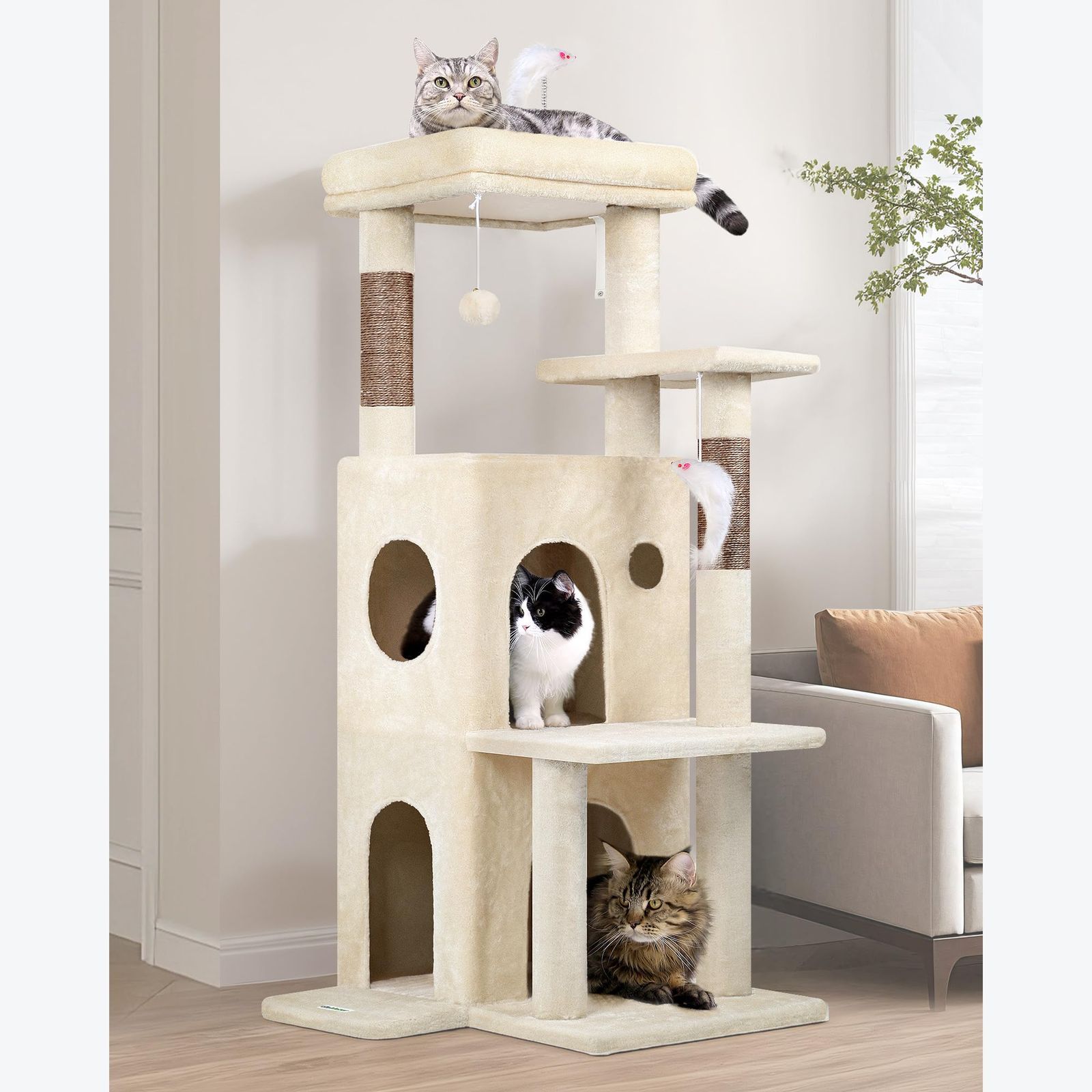 Globlazer キャットタワー 低い 据え置き 省スペース 猫タワー 大型猫用 多頭飼い 二層式巨大キャットハウス 柔らかくて快適 広い見晴らし台 天然麻紐の爪研ぎ柱 猫のおもちゃ ぬいぐるみのネズミのおもちゃ 転倒防止ストラップ 強い安定性 簡単に登れる