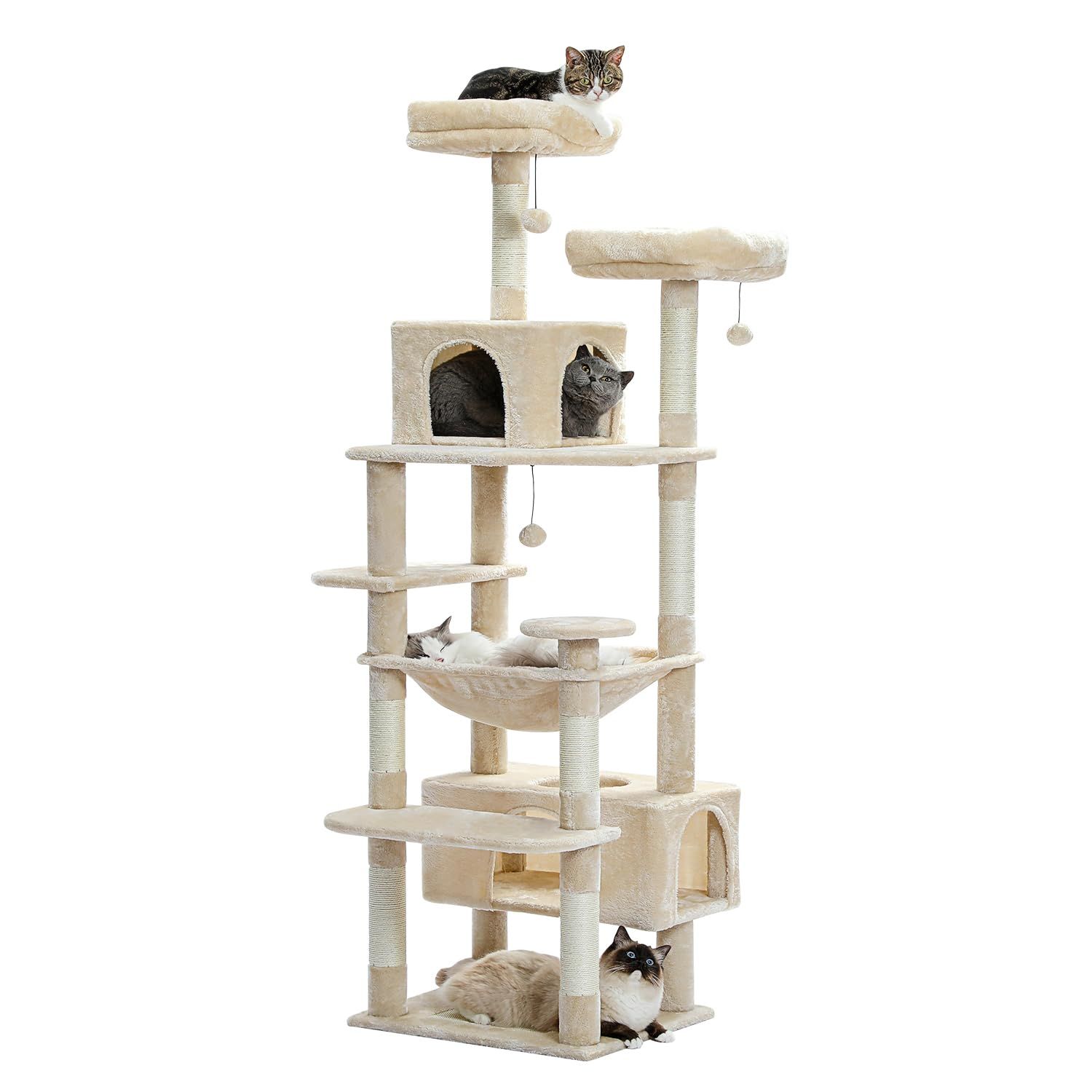 PETEPELA(ぺテぺラ) キャットタワー 大型猫用 猫タワー スリム コンパクト 多頭飼い 据え置き型 ハンモック 麻紐爪とぎポール 猫おもちゃ 転倒防止ベルト付き 展望台 猫ベッドカバー取り外し可能 運動不足解消 人気 - 180cm ベージュ