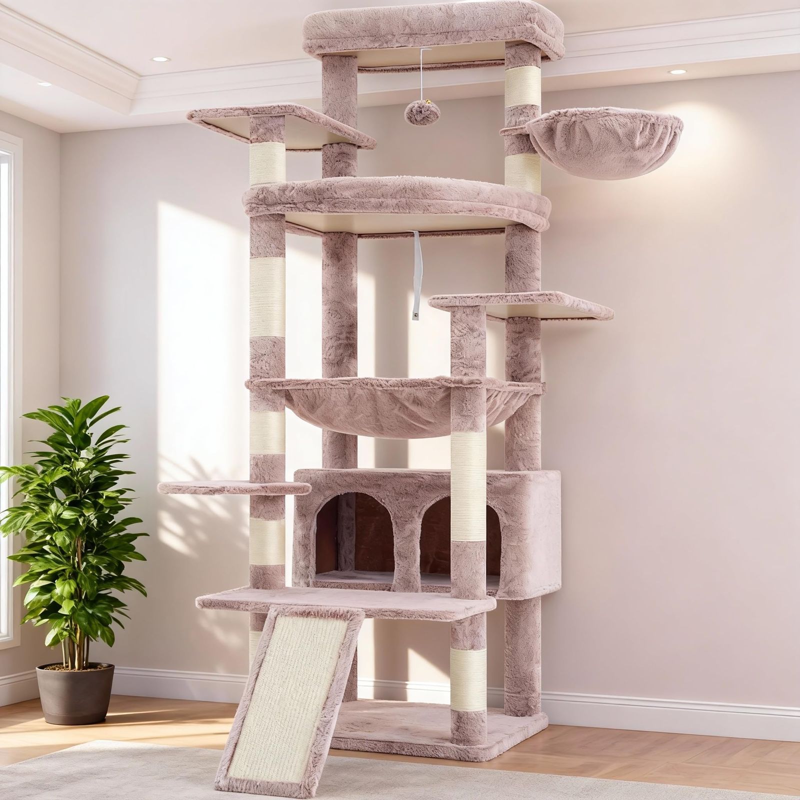 Heyblyキャットタワー 大型猫用 高さ202cm 複数猫飼育向け 高安定性 据え置き型キャットタワー 超大型扇形プラットフォーム 広々としたハンモック キャットハウス 登りやすい設計 多機能 運動不足解消 ローズブラウン HCT038MU 14,850円