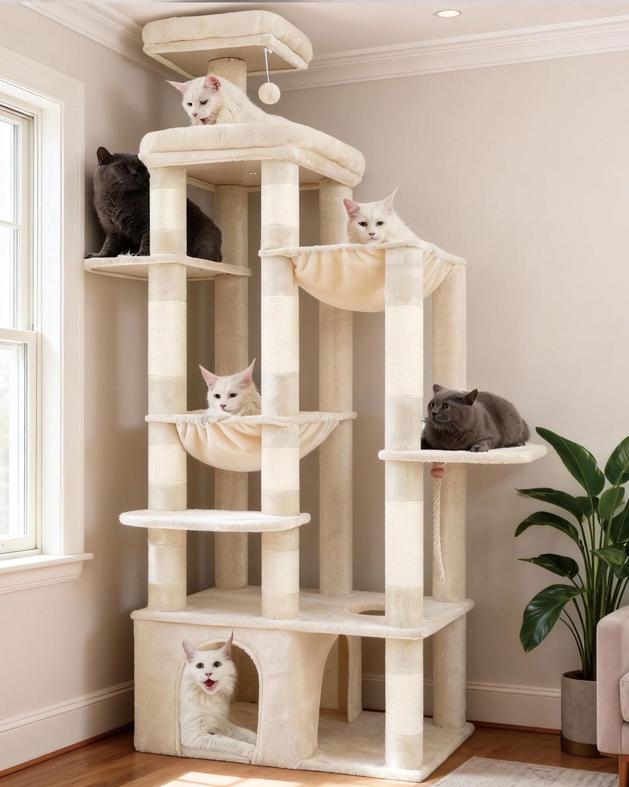Heybly キャットタワー 高さ180cm 大型猫用 猫タワー 70cm 大型ベース 安定性 大型キャットハウス 2段見晴台 2個の広いハンモック 12本サイザル麻巻きポール 多段プラットフォーム 低重心の安全設計 多機能 室内猫家具 ベージュ HCT037