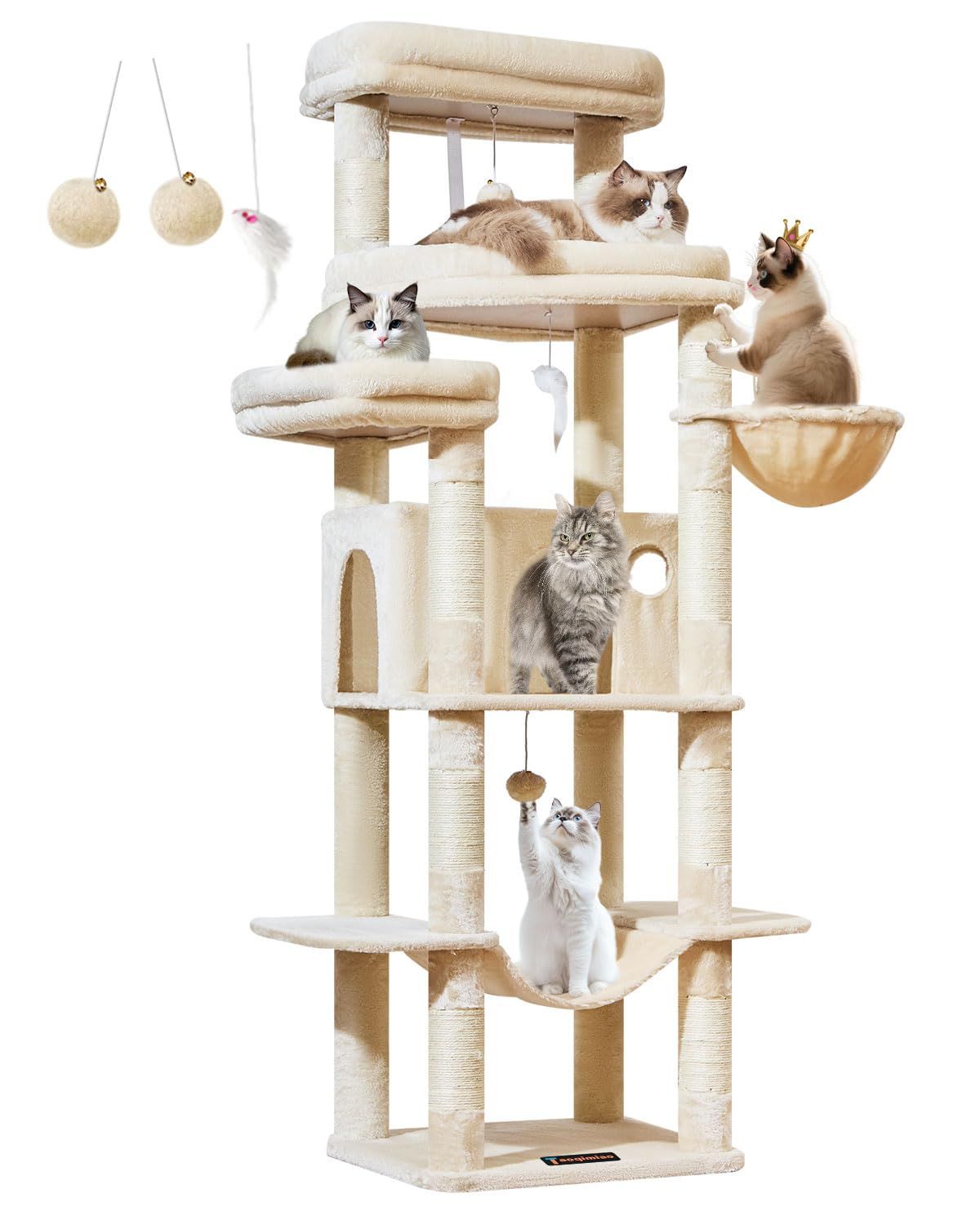 Taoqimiao キャットタワー 高さ180cm 大型猫用 多頭飼い 猫タワー 据え置き型 超スリム 省スペース 安定感 運動不足解消 猫ハウス 超大型扇形プラットフォーム 天然麻紐 爪研ぎ棒 9本爪とぎ柱 ハンモック・バスケット付き 転倒防止ストラップ M