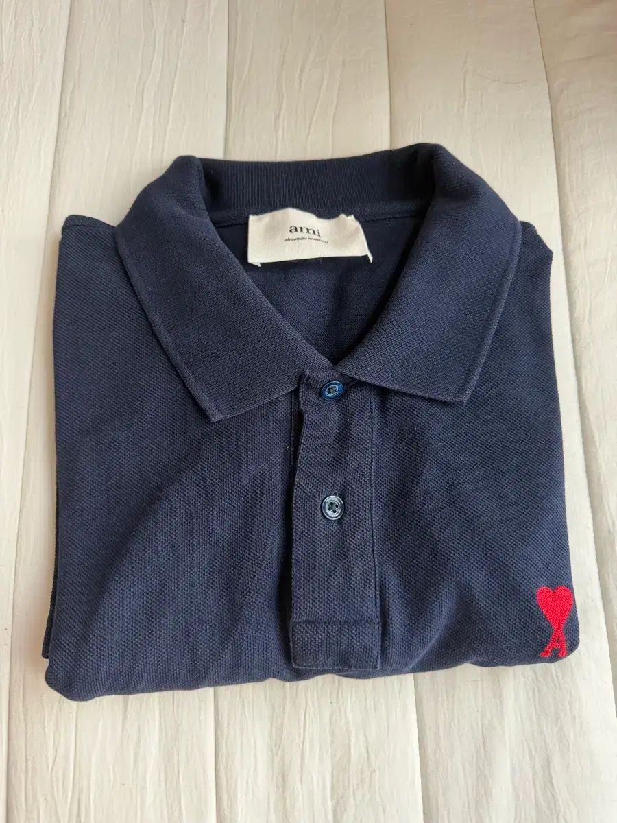 アミ ハート ロゴ ネイビー カラーTシャツ L