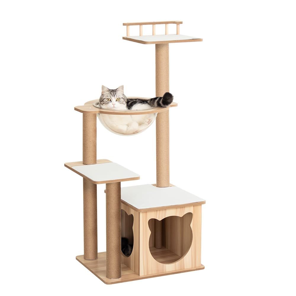 LULUCAT キャットタワー 据え置き おしゃれ コンパクト 多頭飼い 高さ112cm 木製 シニア猫 冬夏兼用 滑り止めマット付き 子猫 安定感 低め 転倒防止デザイン 展望台 猫ベッド 運動不足解消 省スペース スリム 爪とぎポール コットン紐 麻紐 遊