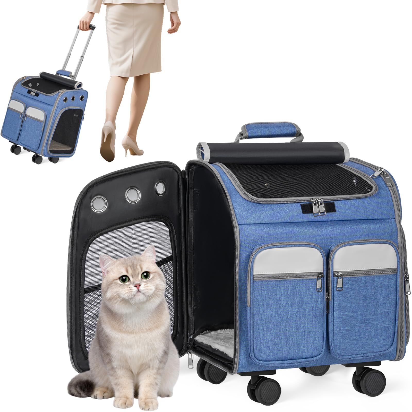 Rxakudedo ペットキャリー ペット用ベビーカー キャスター付きト用 猫キャリーバッグ 猫・小型犬用 4way キャスター付き手提げ 取り外し可能 ブルー