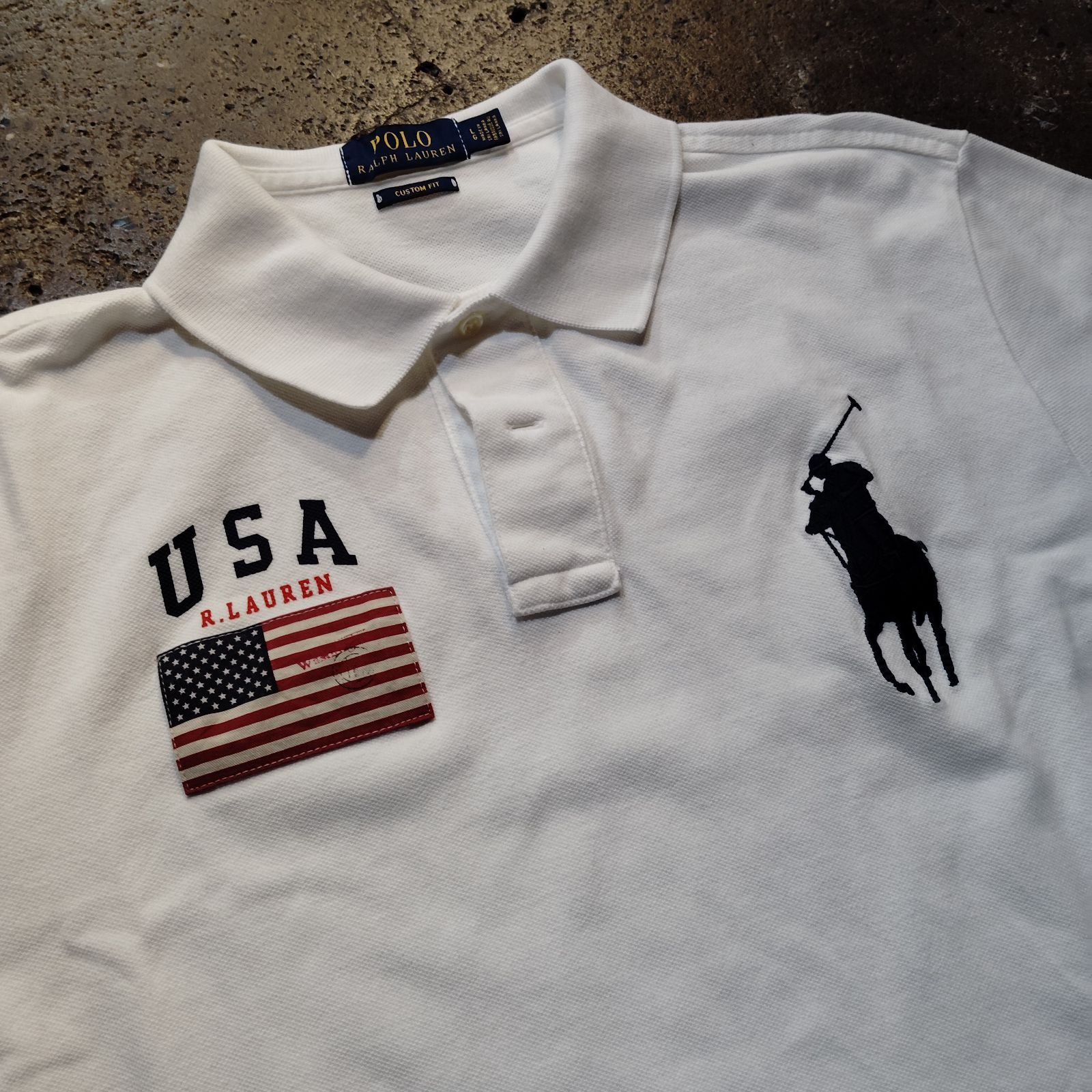 ポロラルフローレン ビッグポニー 刺繍 星条旗 ボーダー ポロシャツ L POLO Ralph Lauren ビッグポニー 刺繍入り ポロシャツ 星条旗デザイン