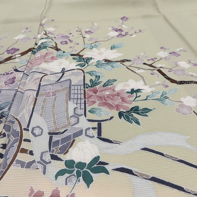 百華❀Y5145◇美品 夏着物 手描き友禅 牡丹 御所車 梅 絽 正絹 手縫い