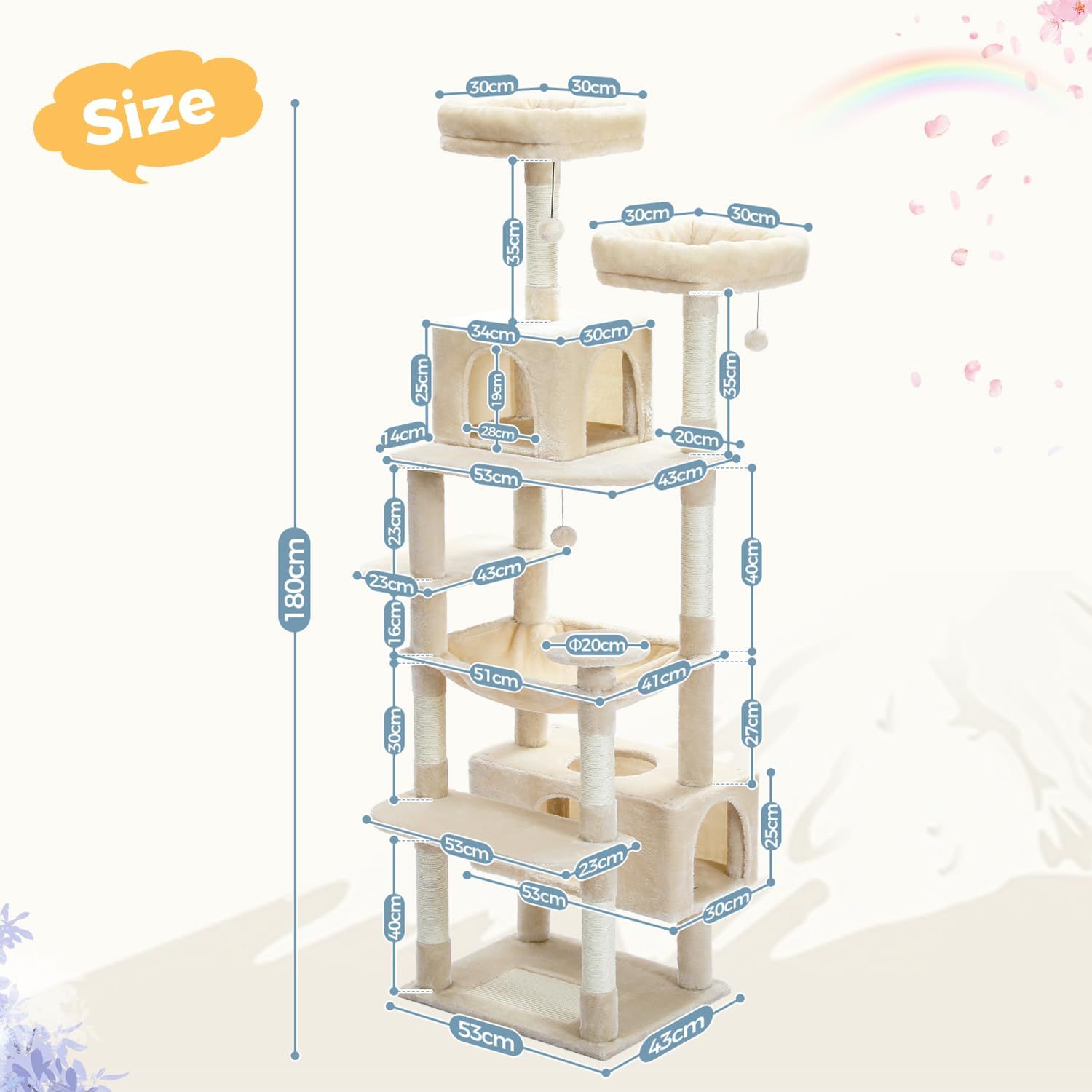 PETEPELA(ぺテぺラ) キャットタワー 大型猫用 猫タワー スリム コンパクト 多頭飼い お花 据え置き型 ハンモック 麻紐爪とぎポール 猫おもちゃ 転倒防止ベルト付き 展望台 猫ベッドカバー取り外し可能 運動不足解消 人気 カラフル - 180cm ピ