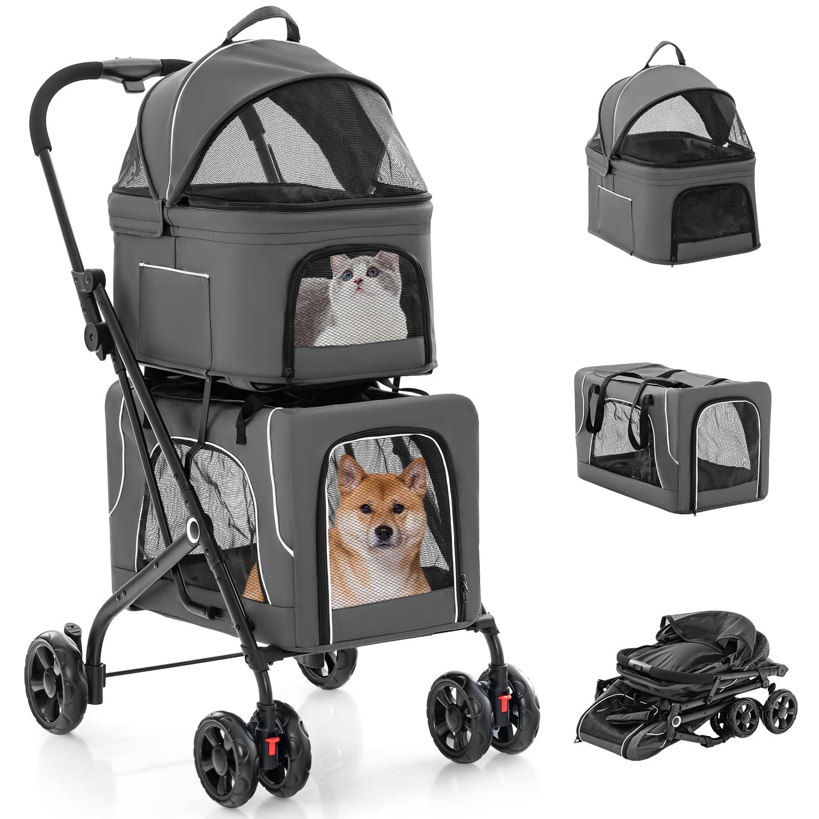 Giantex ペットカート 分離型 折りたたみ式 3-in-1 耐荷重上段15KG 下段15KG 多頭 犬用 猫用 犬用キャリー 犬 バギー ブレーキ付き マット付き キャノピー付き サイドポケット付き 2段式の上下段セット 小型犬 中型犬 老犬 介護用 犬