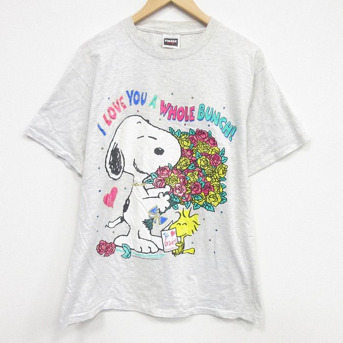 L/古着 TULTEX 半袖 ビンテージ Tシャツ メンズ 90年代 90s ピーナッツ スヌーピー ウッドストック コットン クルーネック グレー 霜降り 26may28