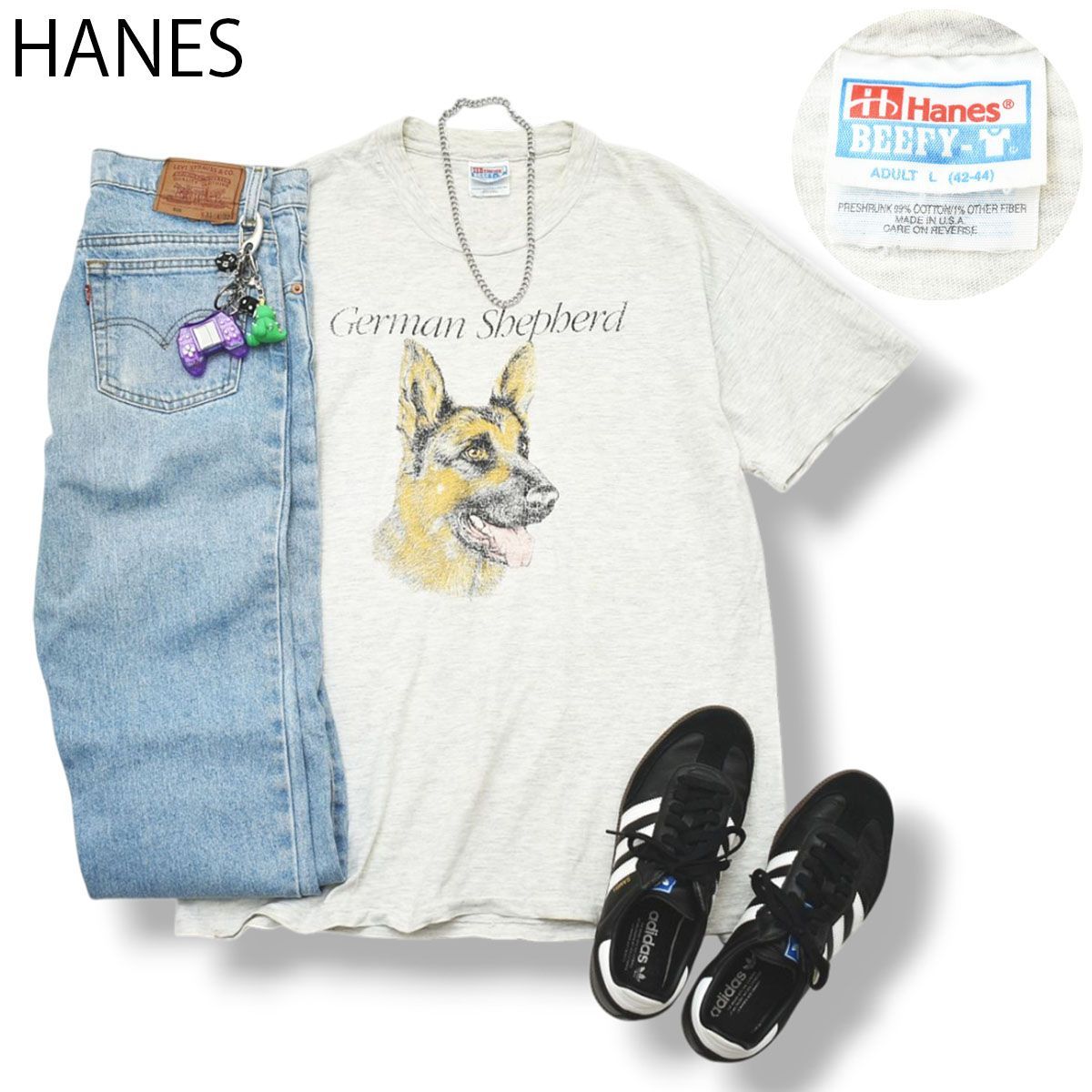 90s ヴィンテージ USA製 ヘインズ HANES ビーフィー BEEFY ジャーマン シェパード アニマル プリント Tシャツ シングルステッチ クルーネック カットソー L 霜降り グレー メンズ 8,208円