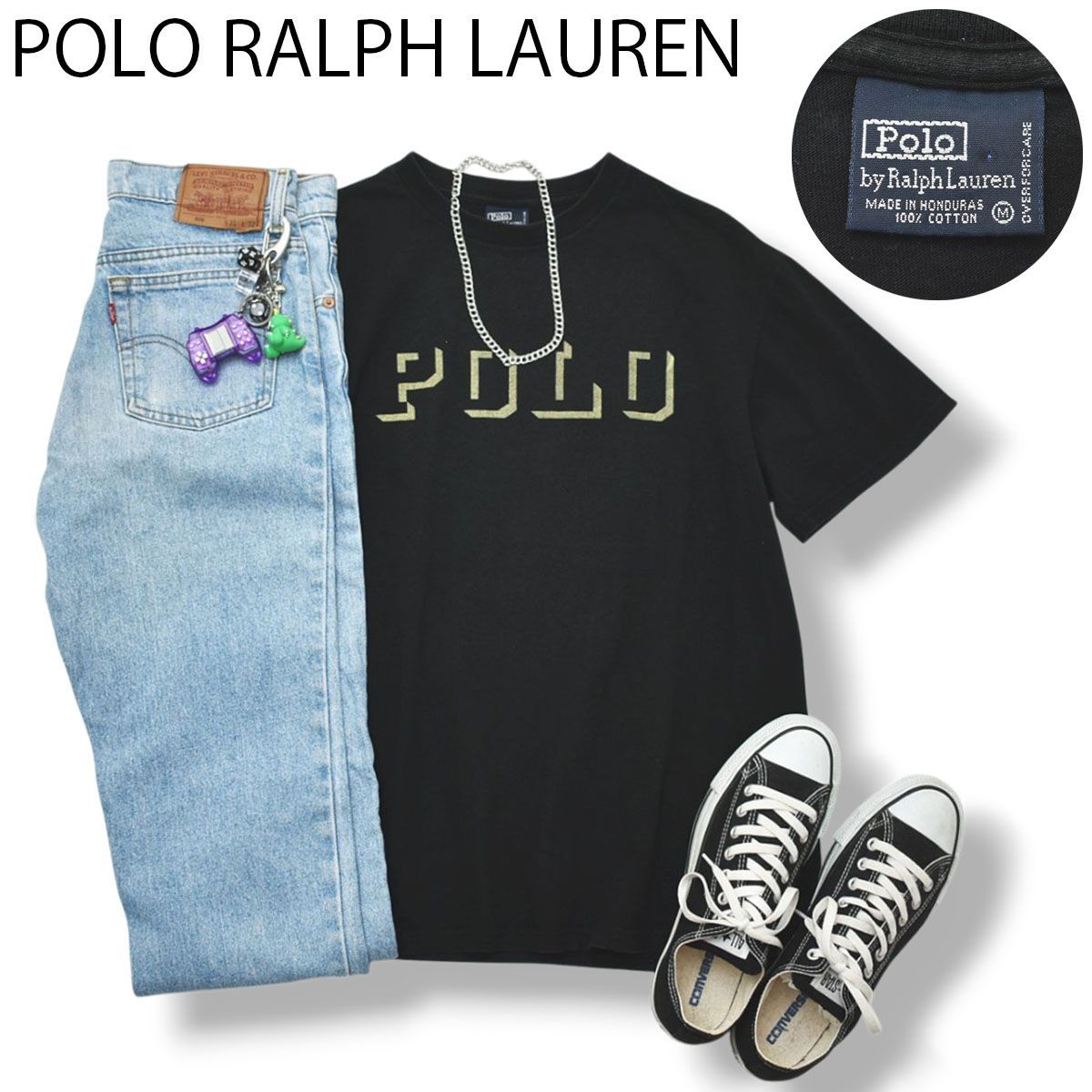 90s ヴィンテージ ポロ ラルフローレン POLO RALPH LAUREN ステンシル ロゴ プリント Tシャツ クルーネック カットソー M ブラック アメリカン カジュアル ストリート メンズ