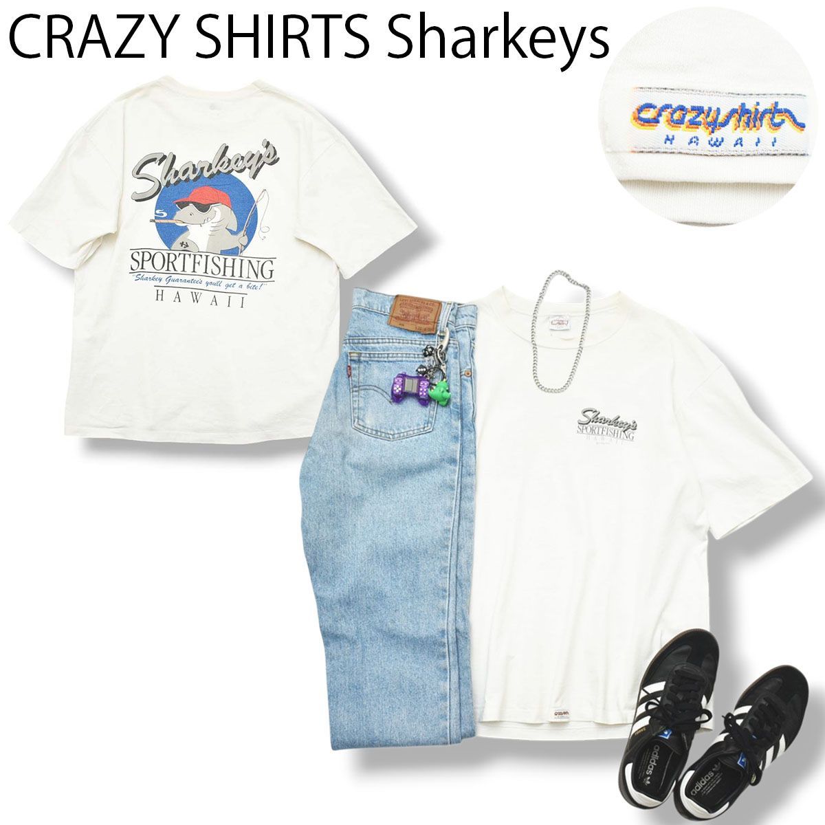 90s ヴィンテージ USA製 クレイジーシャツ CRAZY SHIRTS Sharkeys スポーツ フィッシング プリント シングルステッチ Tシャツ クルーネック カットソー L ホワイト メンズ