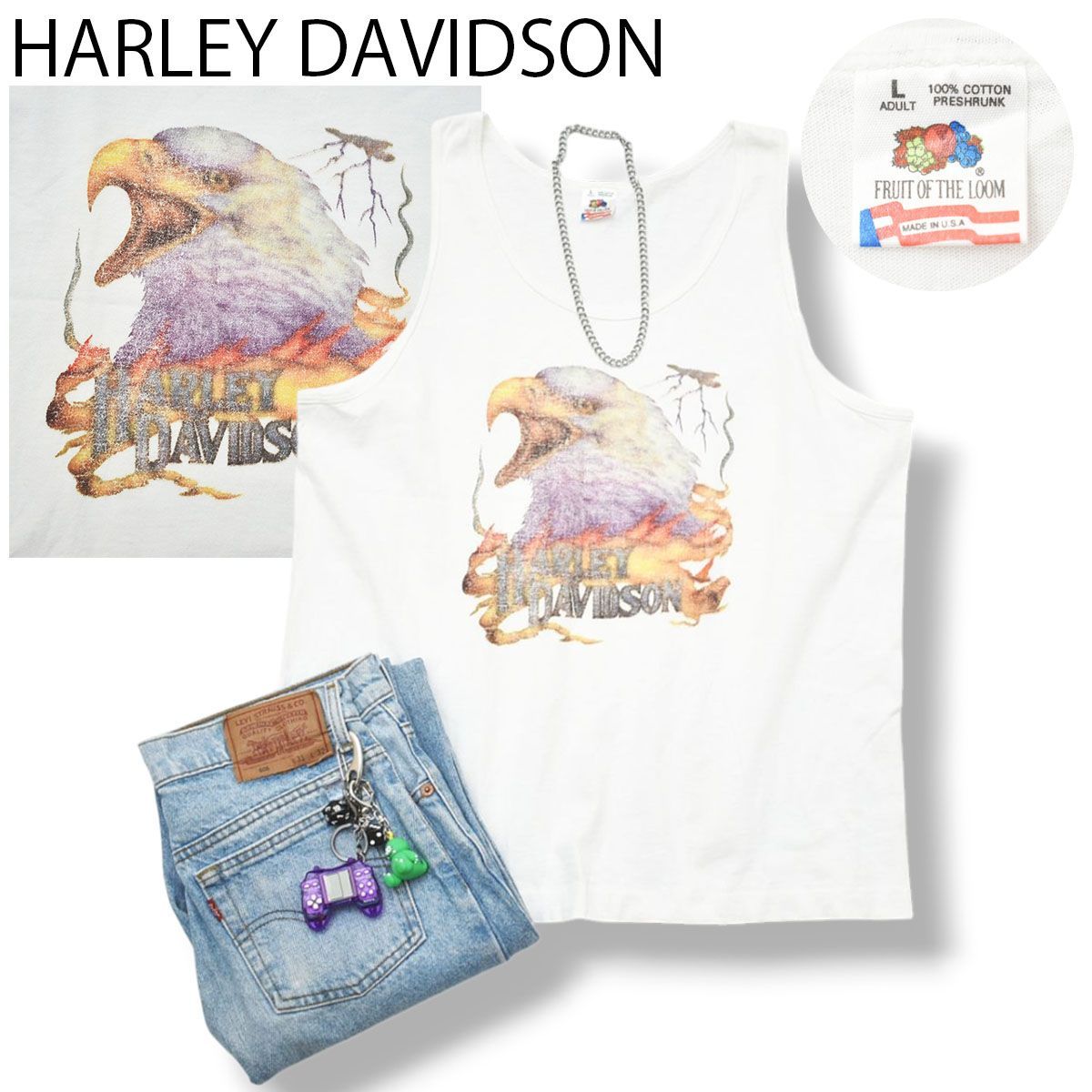 【希少】 90s ヴィンテージ USA製 ハーレーダビッドソン HARLEY DAVIDSON イーグル プリント フルーツオブザルーム FRUIT OF THE LOOM タンクトップ シングルステッチ L ホワイト メンズ