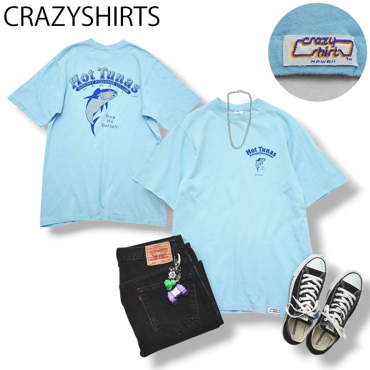 90sヴィンテージ ハワイ製 クレイジーシャツ CRAZYSHIRTS 半袖 両面 マグロ プリント グラフィック Tシャツ M ブルー メンズ レディース ユニセックス 男女兼用 アメカジ