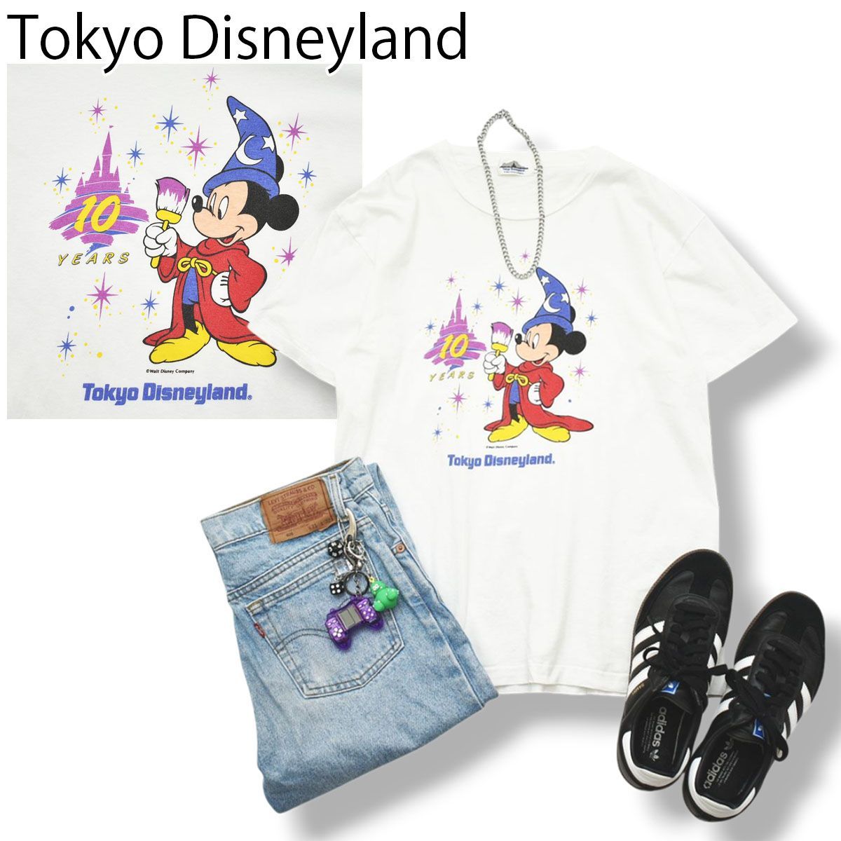 【10周年記念】 レア！ 東京ディズニーランド Tokyo Disneyland 半袖 ミッキーマウス プリント Tシャツ L ホワイト メンズ レディース ユニセックス 男女兼用 アメカジ