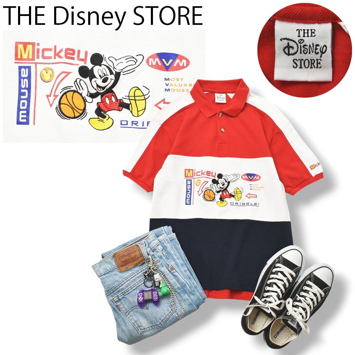 【美品】 90s ヴィンテージ ザ ディズニー ストア THE Disney STORE ミッキーマウス 刺繍 半袖 鹿の子 ポロシャツ スリット入り L マルチカラー ストリート アメカジ メンズ