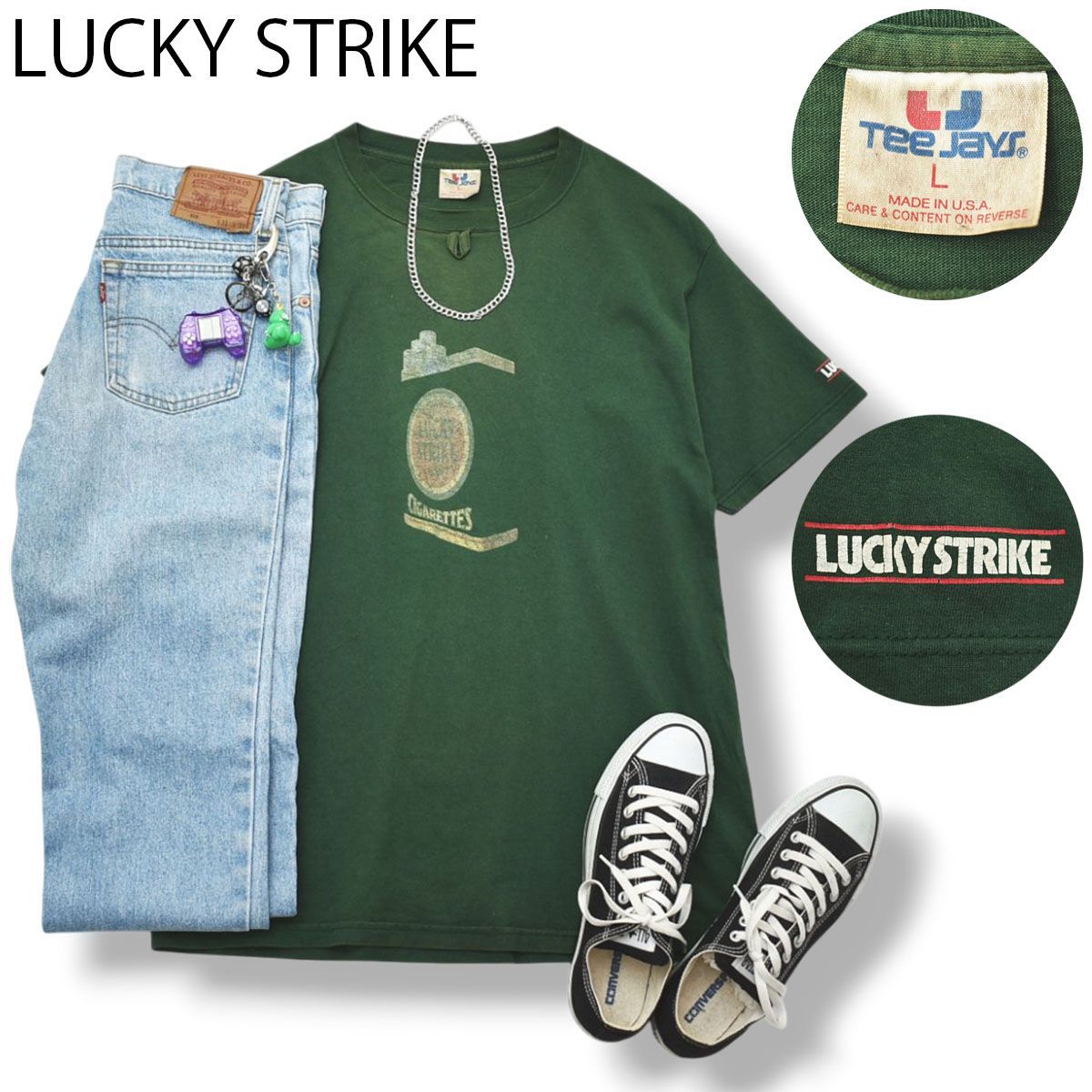 90s ヴィンテージ USA製 ラッキーストライク LUCKY STRIKE ノベルティ シガレット タバコ プリント ティージェイズ Tee Jays Tシャツ ループタブ カットソー L グリーン メンズ