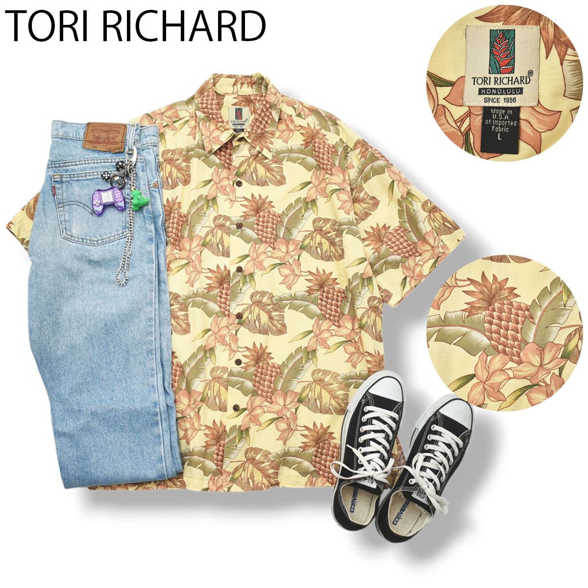 90s ヴィンテージ USA製 トリ リチャード TORI RICHARD コットン x レーヨン 半袖 アロハ シャツ ボックス シルエット ウッドボタン L ボタニカル柄 イエローベージュ メンズ