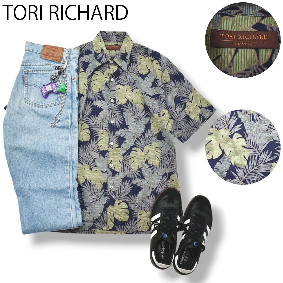 【美品】 90s ヴィンテージ USA製 トリ リチャード TORI RICHARD 半袖 コットンローン アロハ シャツ ボックス シルエット シングルポケット XS ボタニカル柄 ネイビー メンズ
