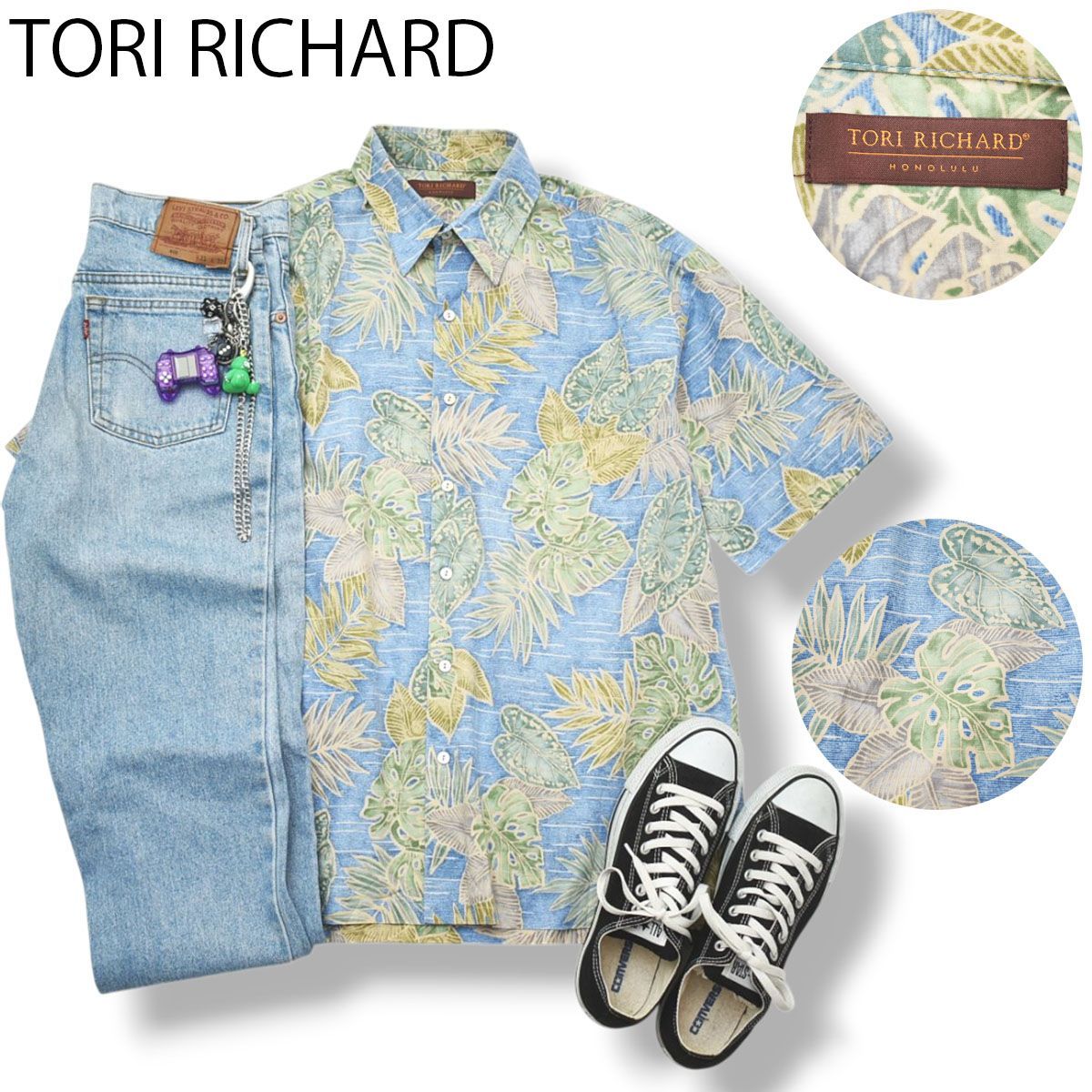 【美品】 90s ヴィンテージ USA製 トリ リチャード TORI RICHARD 半袖 コットンローン アロハ シャツ ボックス シルエット シングルポケット M ボタニカル柄 ライトブルー メンズ