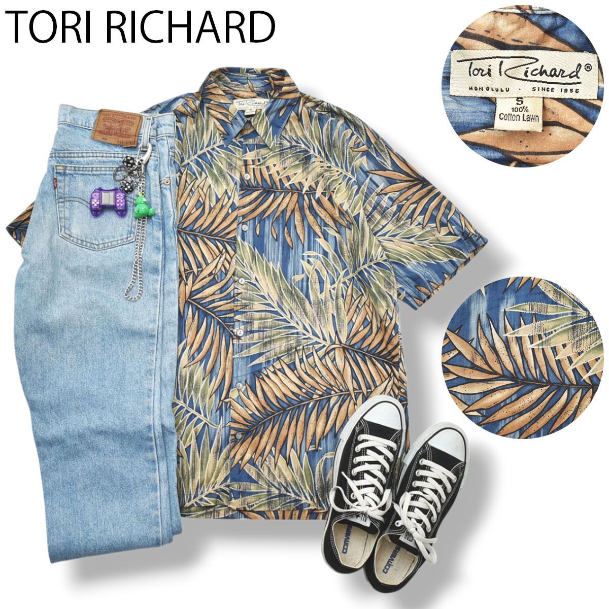 90s ヴィンテージ USA製 トリ リチャード TORI RICHARD 半袖 コットンローン アロハ シャツ サイドスリット ボックスシルエット シングルポケット S ボタニカル柄 インディゴ メンズ
