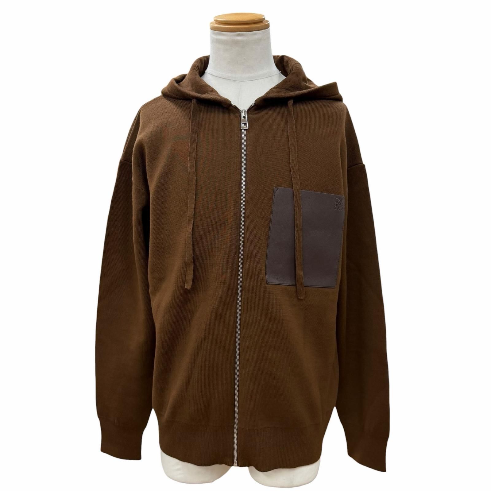 極美品▼LOEWE ロエベ H526Y16KAS ウール98% アナグラムロゴ レザー使い ZIP フーディー パーカー ブラウン M イタリア製 正規品 メンズ