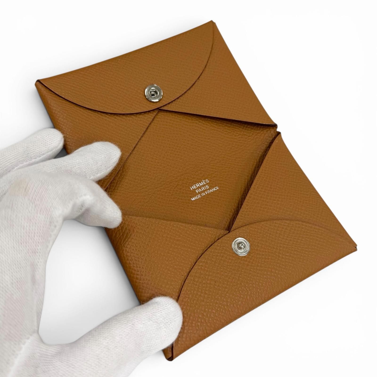 極美品★HERMES エルメス カルヴィ ゴールド ヴォーエプソン シルバー金具 名刺入れ カードケース Y刻印 フランス製 レディース 箱付き