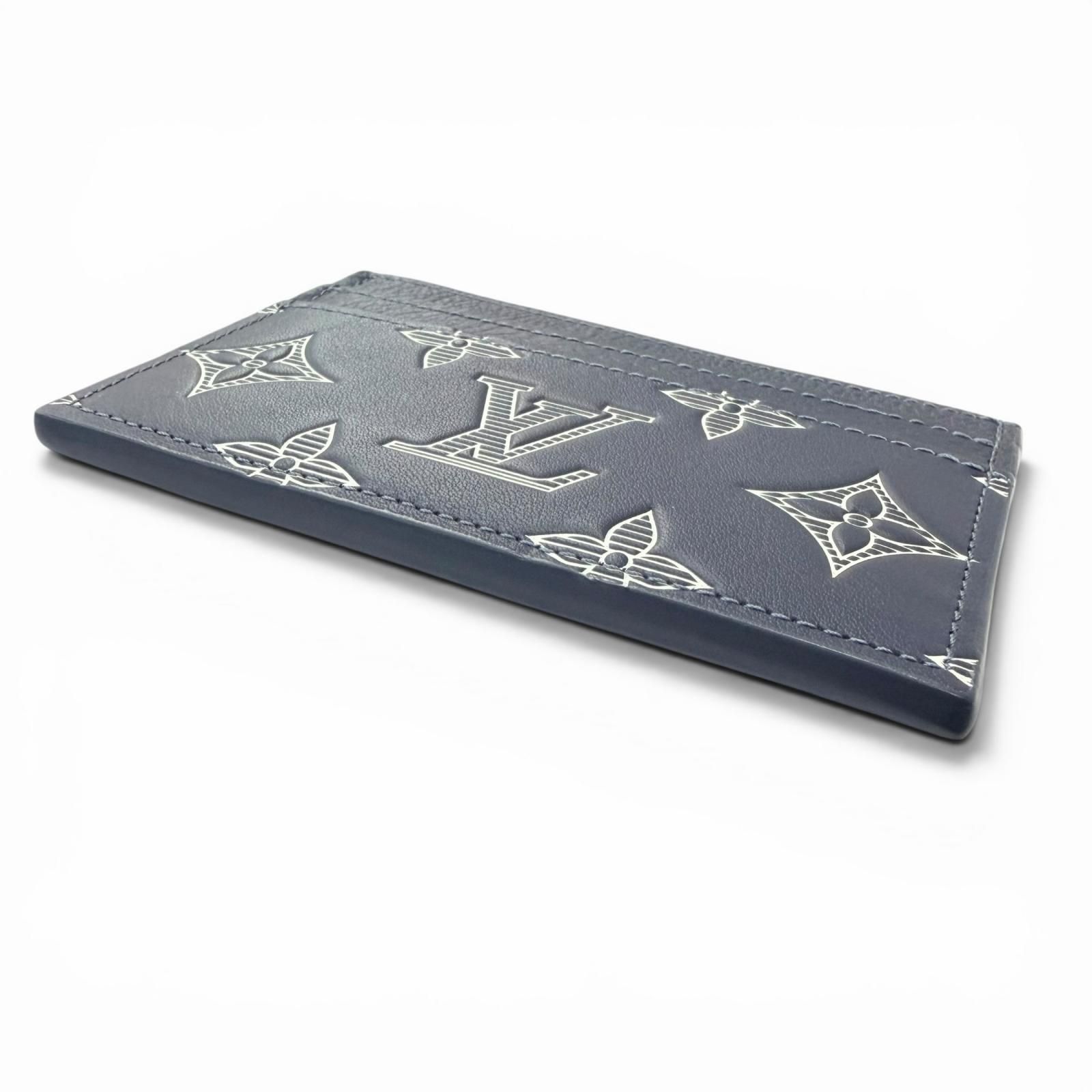 極美品□LOUIS VUITTON ルイヴィトン M83700 ポルト カルト ダブル モノグラムシャドウ レザーカードケース ブルーマリーヌ フランス製