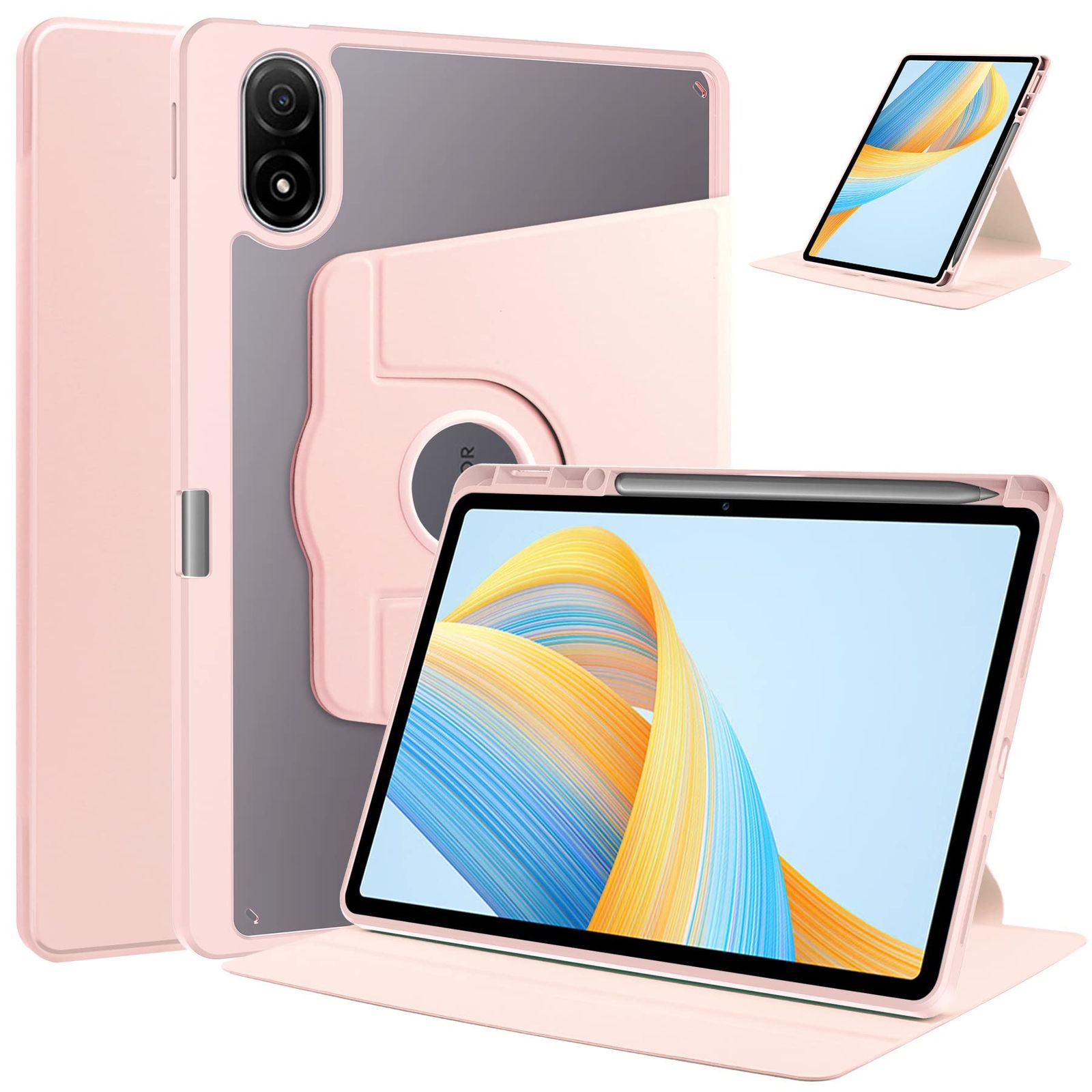 360度回転式 スタンド Xiao Mi Pad 5 ケース 縦置きカバー 軽量 耐衝撃 透明バックカバー Android タブレット シャオミ Pad 5 Pro 保護ケース, ピンク