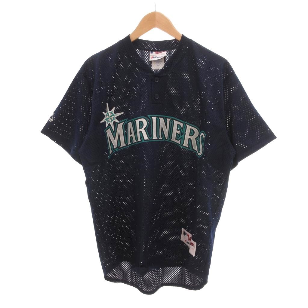 マジェスティック MAJESTIC タグ付き マリナーズ ユニフォーム Tシャツ 半袖 L 紺 ネイビー メッシュ ロゴ刺繍 /SJ ■GY18